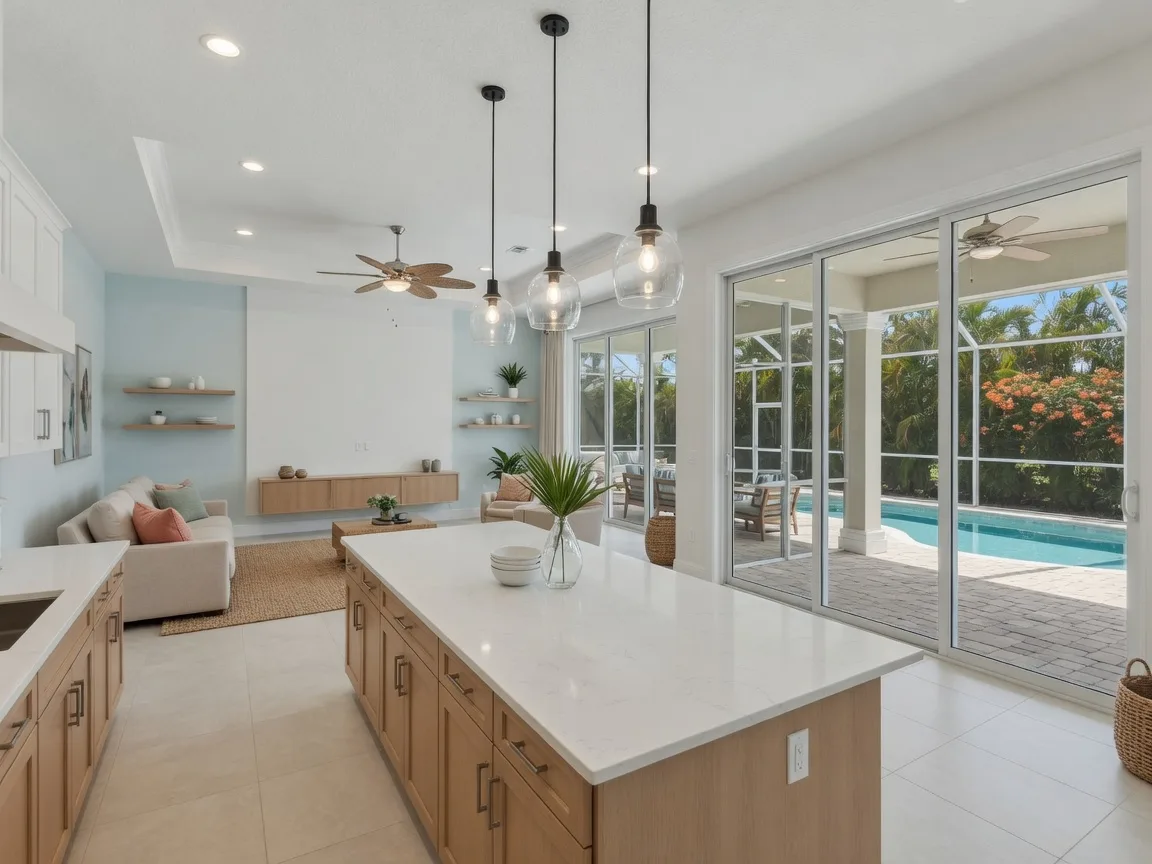 Bright open-concept model home kitchen and great room in a new Southwest Florida community