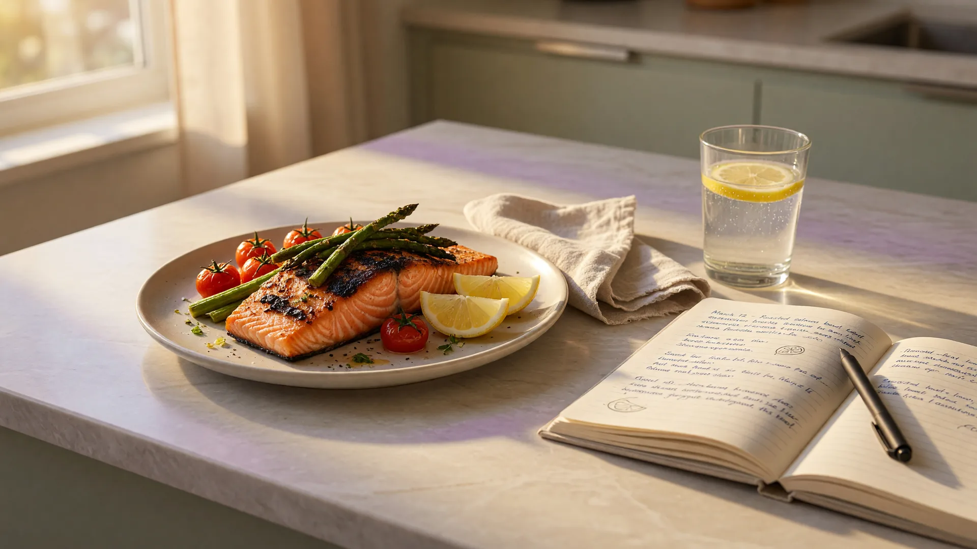 A balanced meal of roasted salmon and vegetables beside a food journal on a kitchen counter