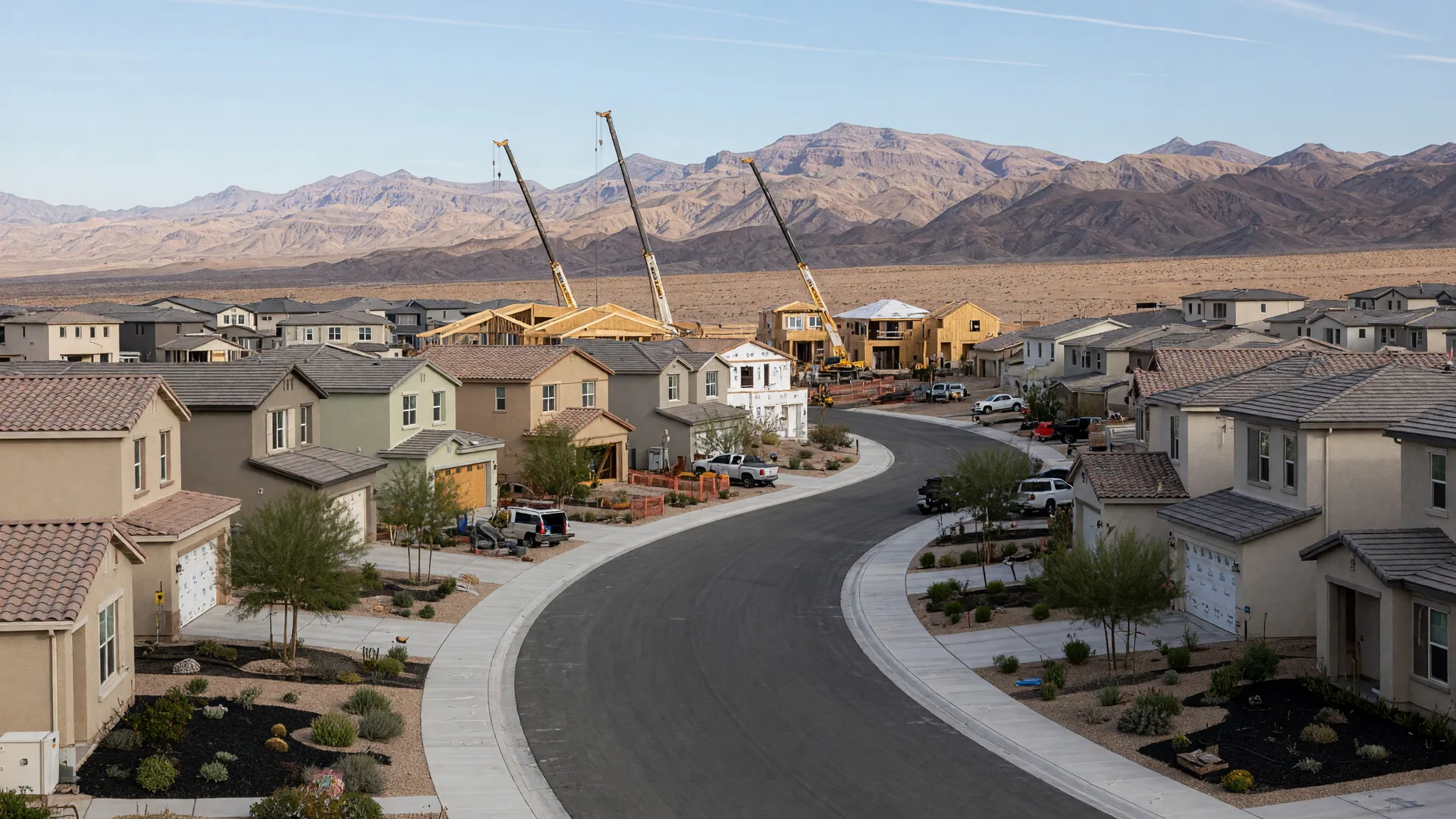 New single and two-story homes in desert tones with young landscaping along a curving street in a growing North Las Vegas master-planned community, mountains on the horizon