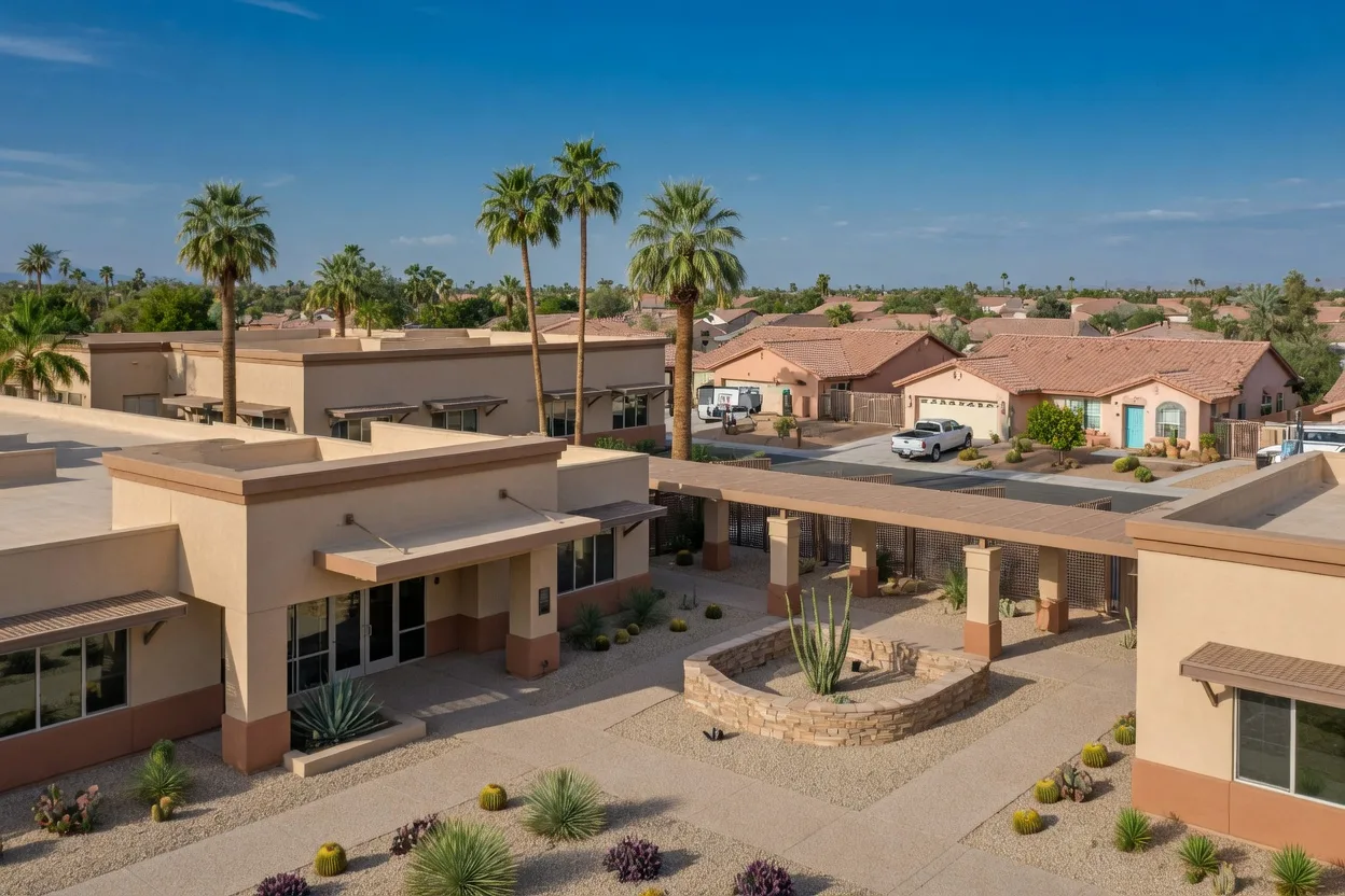 Modern suburban school campus in Mesa, Arizona surrounded by tile-roofed homes