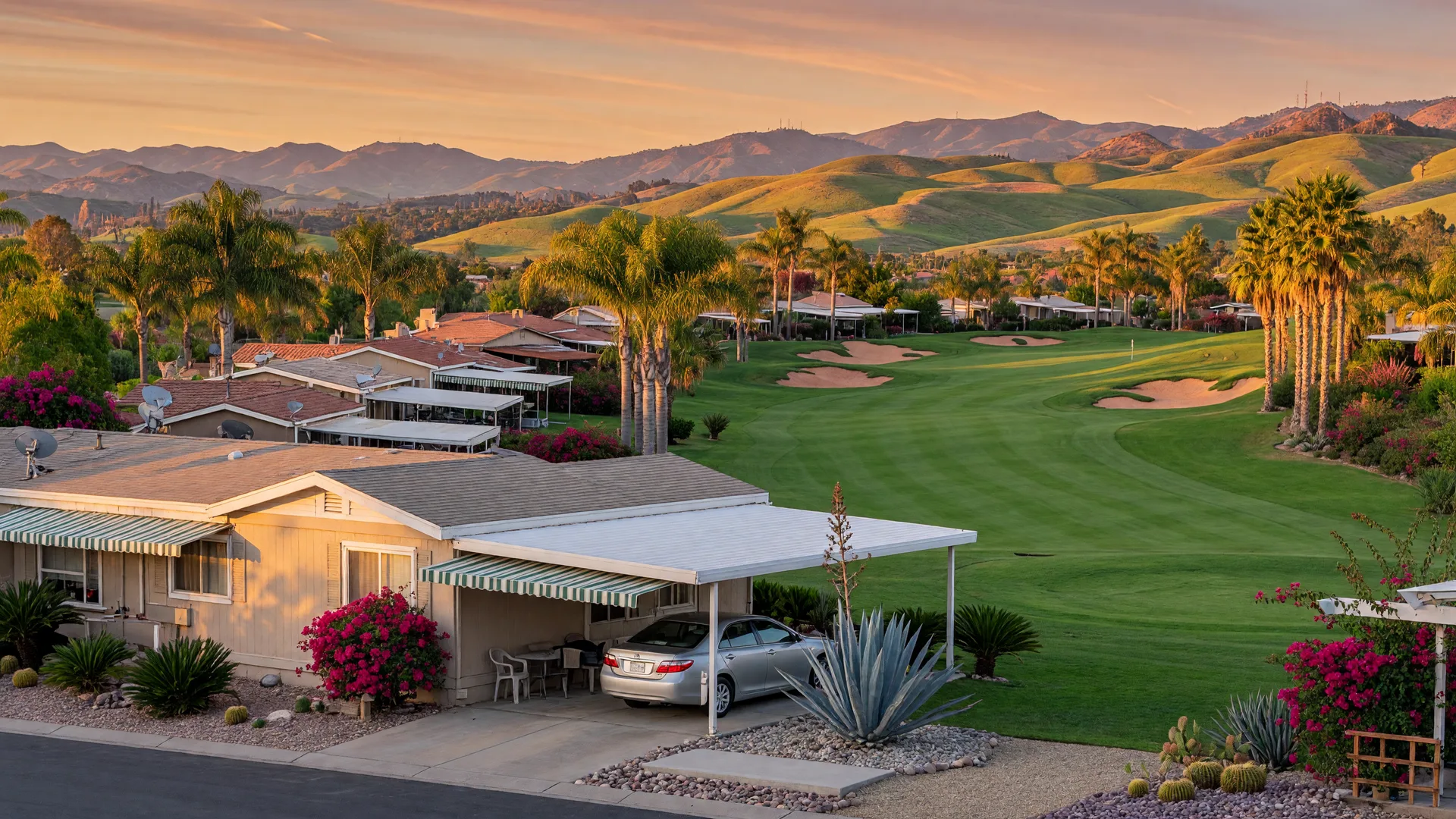 Scenic golf course view from a manufactured home in The Knolls community in Murrieta California