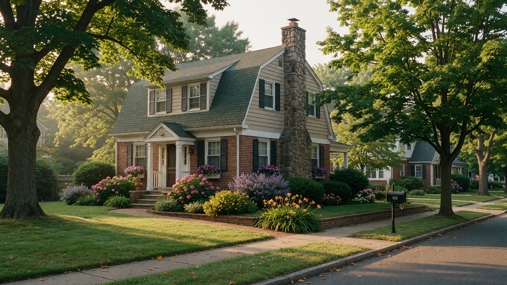 A 1920s Dutch Colonial cottage on a quiet tree-lined street in Teaneck, New Jersey on a warm summer morning