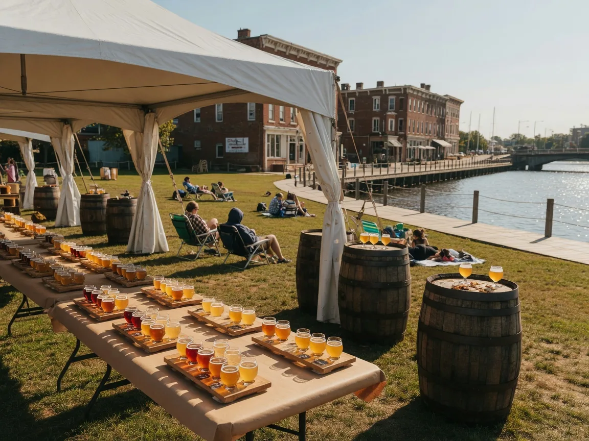 Tasting tables with flights of amber beer and wooden barrels at a craft beer festival tent in a riverfront park on a sunny September afternoon