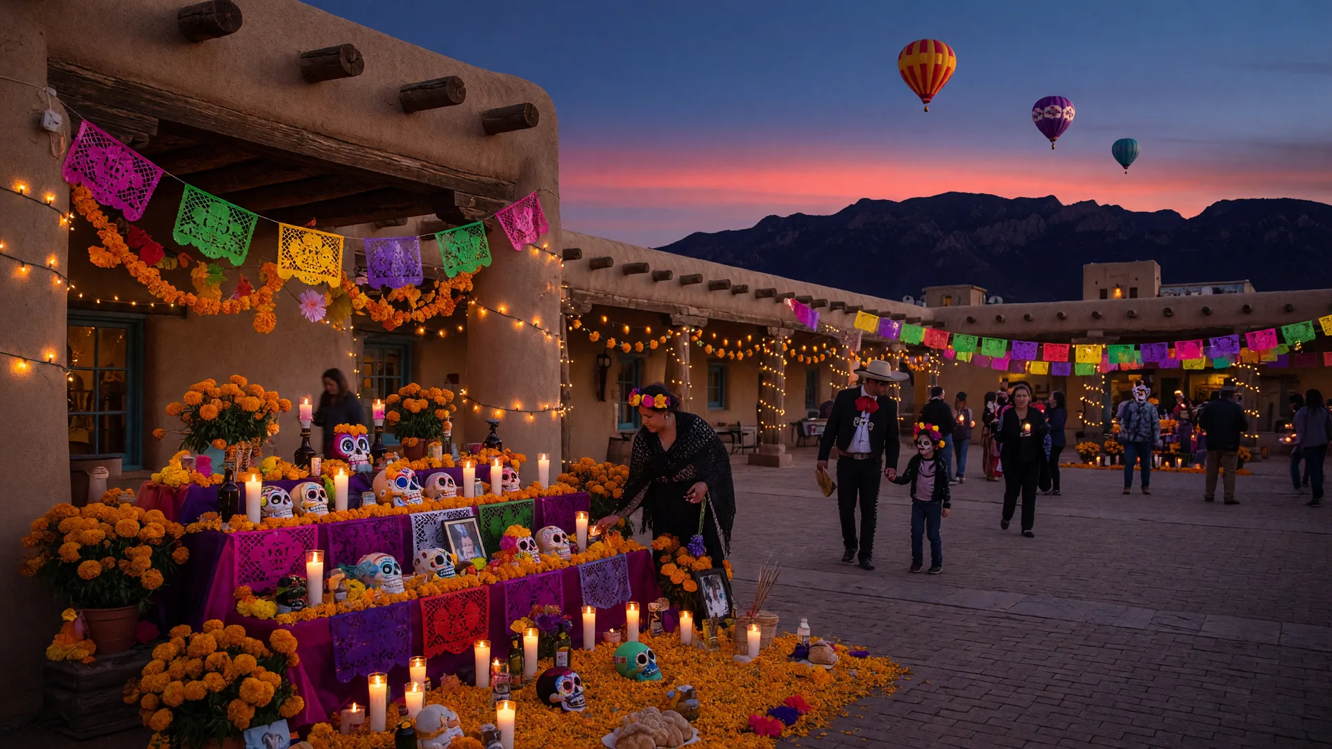Dia de los Muertos celebration in Old Town Albuquerque at dusk, marigold garlands and papel picado strung across an adobe plaza with glowing ofrenda candles, the Sandia Mountains silhouetted in the twilight sky