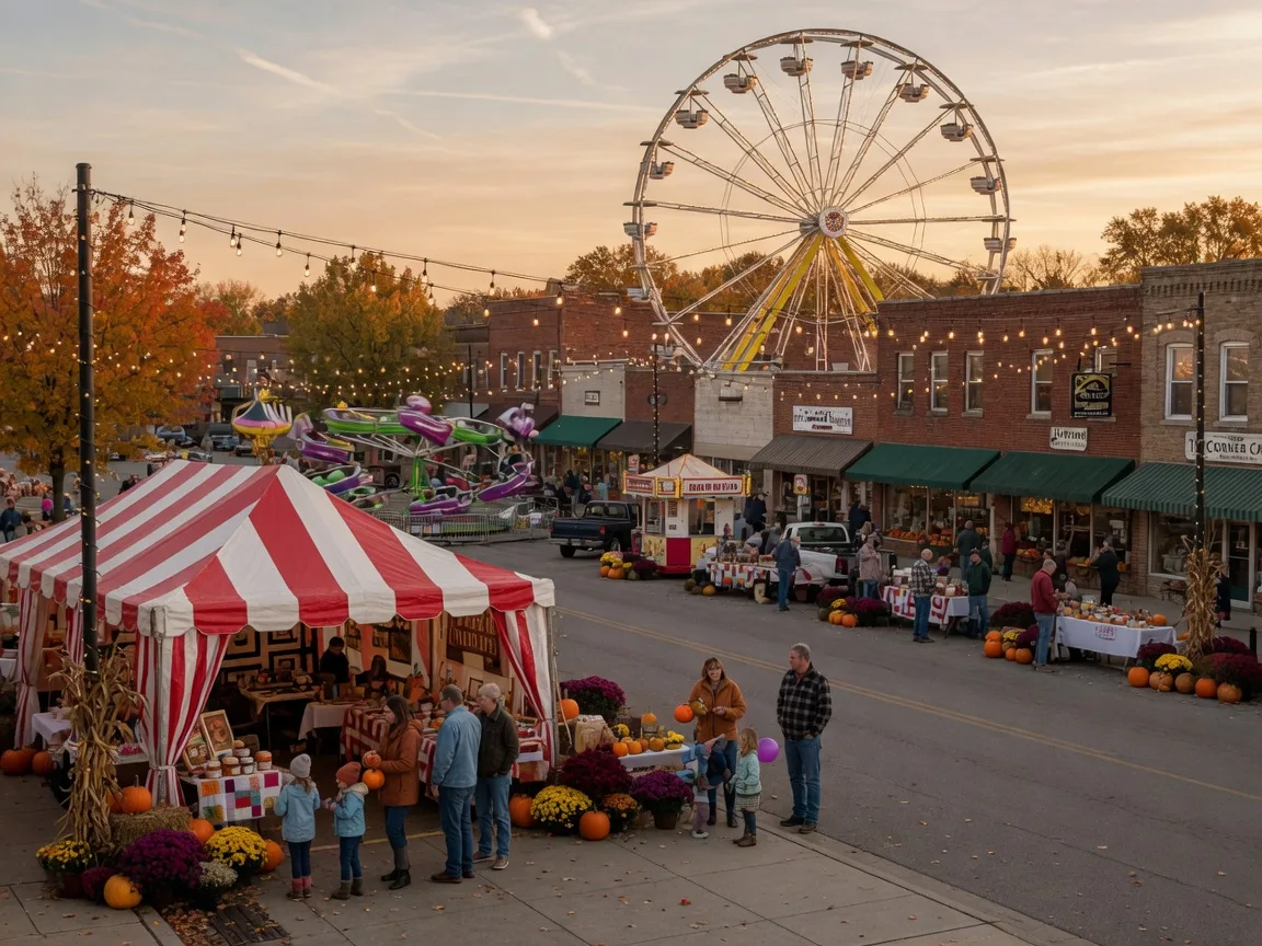 A small-town Ohio fall festival on a downtown main street with carnival rides, a striped vendor tent, craft booths, warm string lights, and pumpkins and mums decorating storefronts in golden late-afternoon light
