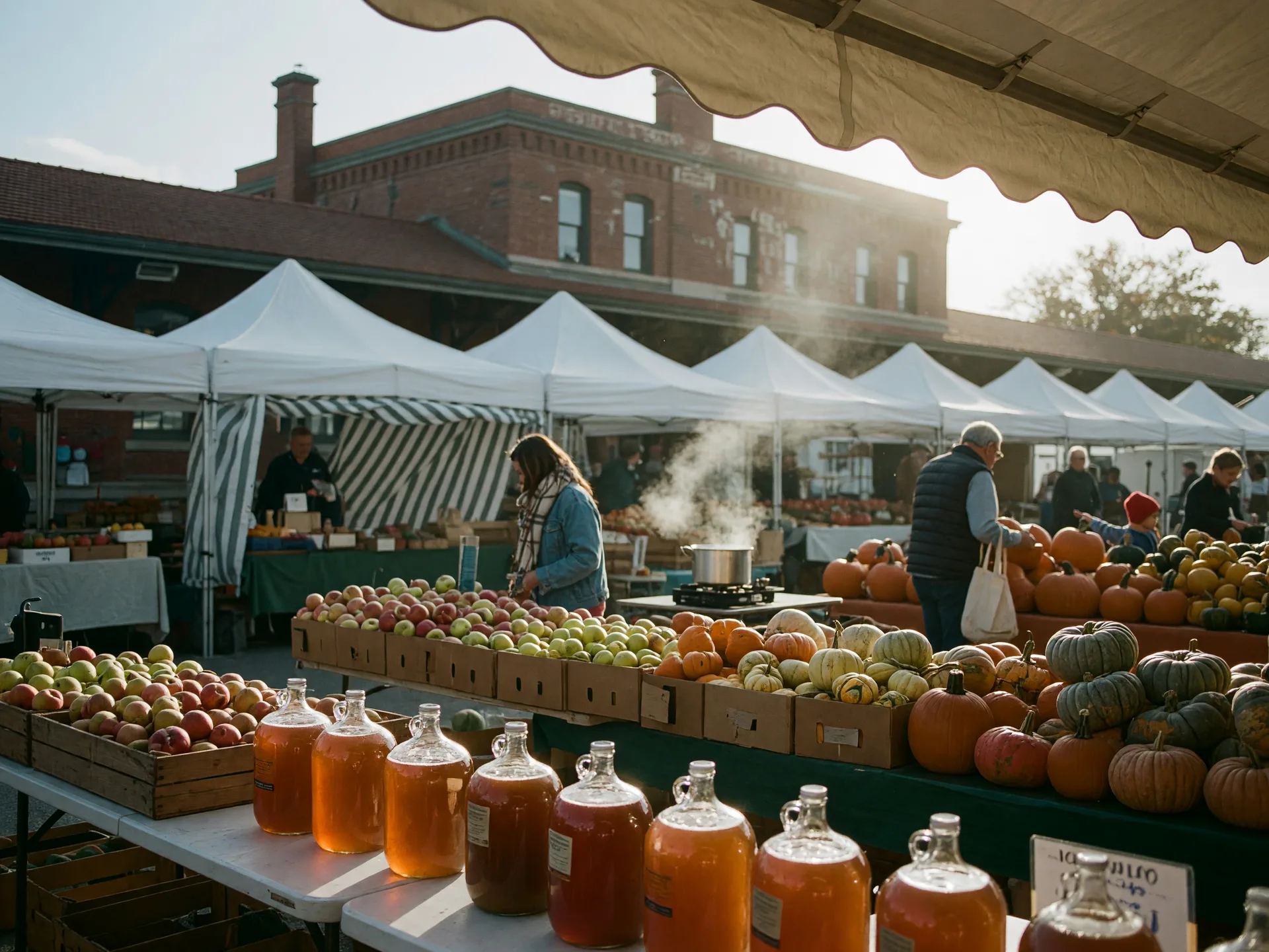 White market canopies beside the red-brick Glenside train station on a crisp October morning, crates of heirloom apples, pumpkins and winter squash in golden light, shoppers as distant figures browsing the stalls