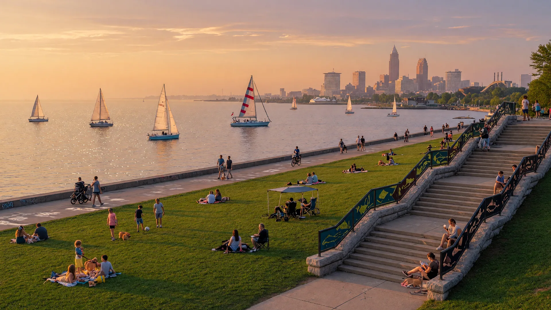 A golden-hour view of Lakewood Park on the shore of Lake Erie with a green lawn, boardwalk, a stone staircase, sailboats, and a hazy skyline across the water