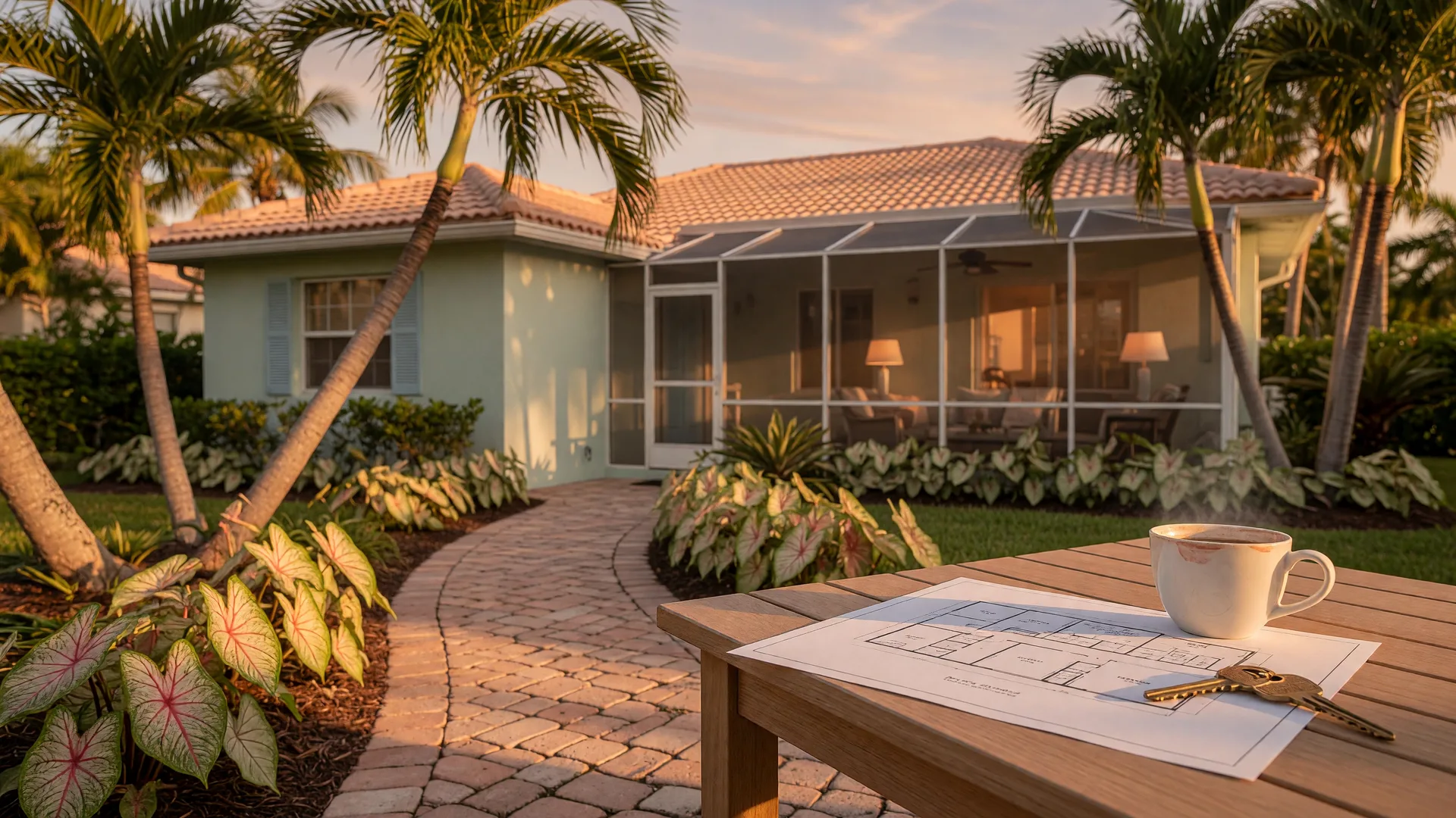 A single-story Florida coastal home at golden hour with a softly glowing screened lanai, palm trees, and a printed floor plan with a brass house key on an oak table in the foreground