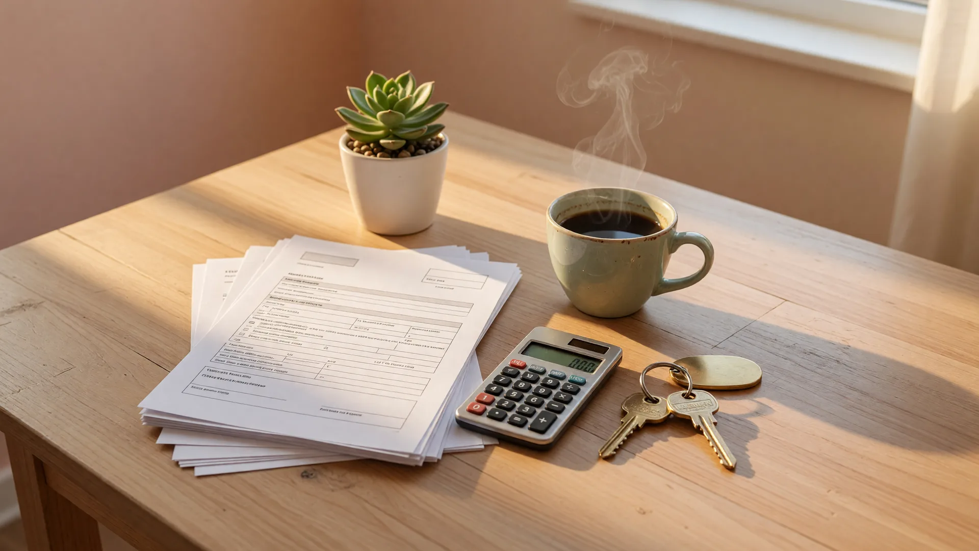 Sunlit wooden table with a neat stack of mortgage paperwork, house keys, a calculator, and a coffee cup, warm golden-hour light