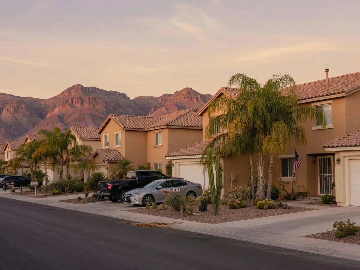 Quiet Las Vegas neighborhood street with desert landscaping in late-afternoon October light