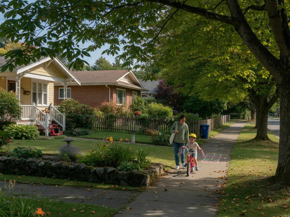 A leafy family suburban street in Saanich BC with heritage and mid-century homes, mature trees arching overhead, and a parent walking with a child on a bike