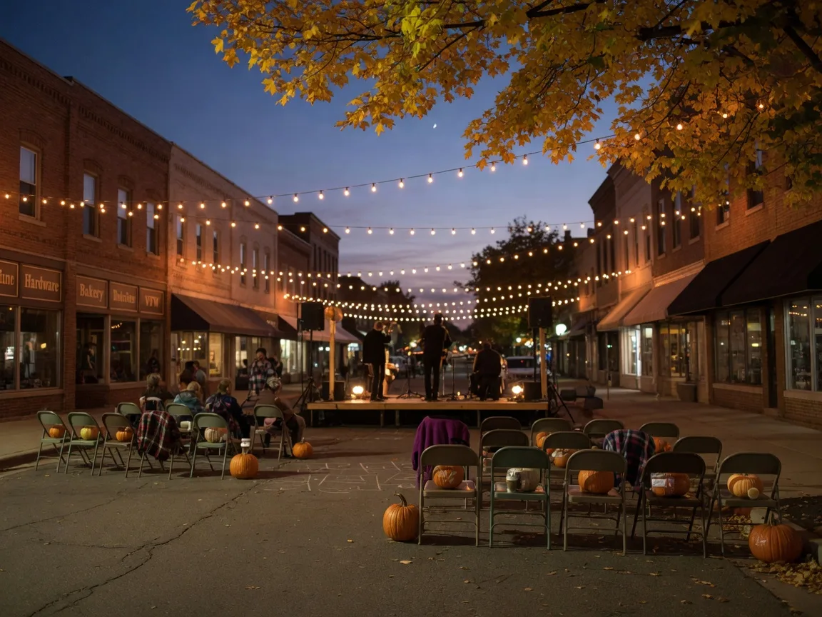 Main street in a small Minnesota lake town closed for an evening street dance, string lights overhead between storefronts, a band stage with distant silhouettes, and falling maple leaves