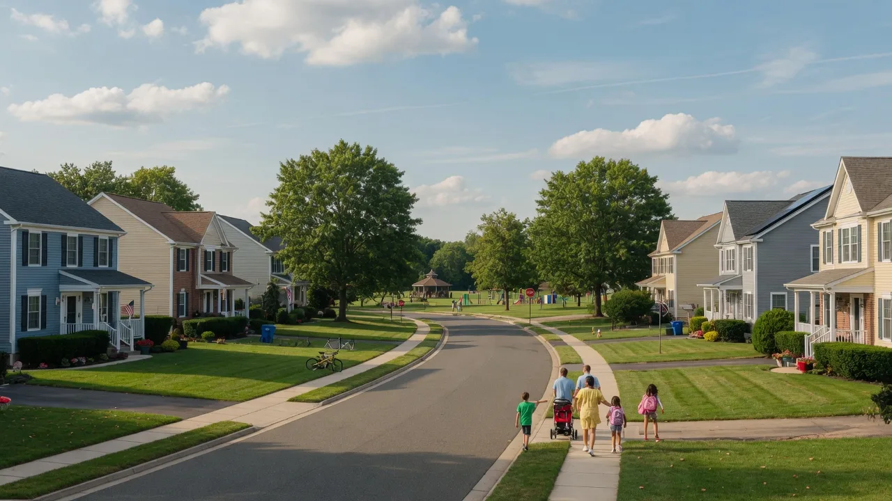 Family-friendly suburban neighborhood in Burlington Township NJ with well-maintained homes, green lawns, and mature shade trees