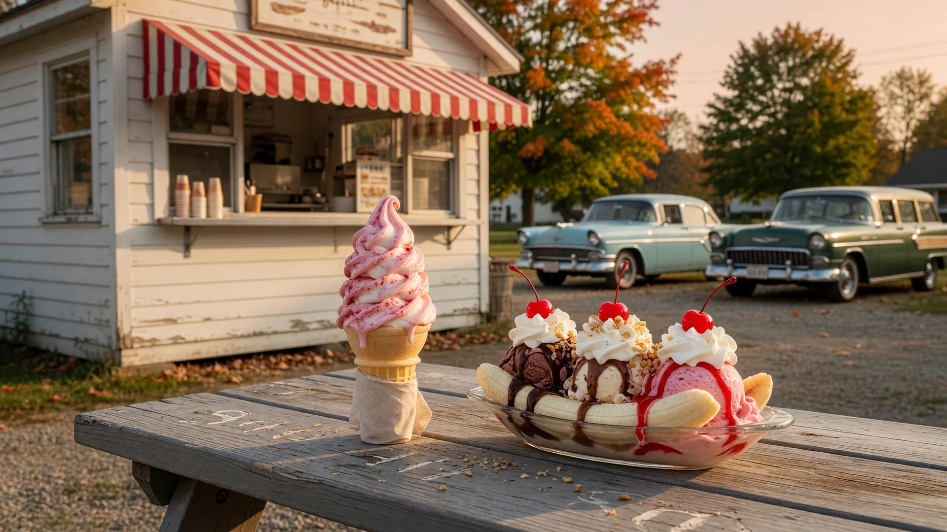 A classic ice cream stand with a red-and-white striped awning and a soft-serve cone in the foreground