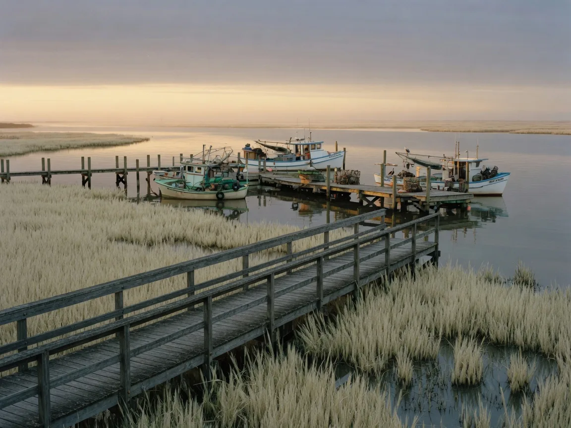 Shem Creek marsh at sunrise with a boardwalk over cordgrass and shrimp boats at the docks in Mount Pleasant