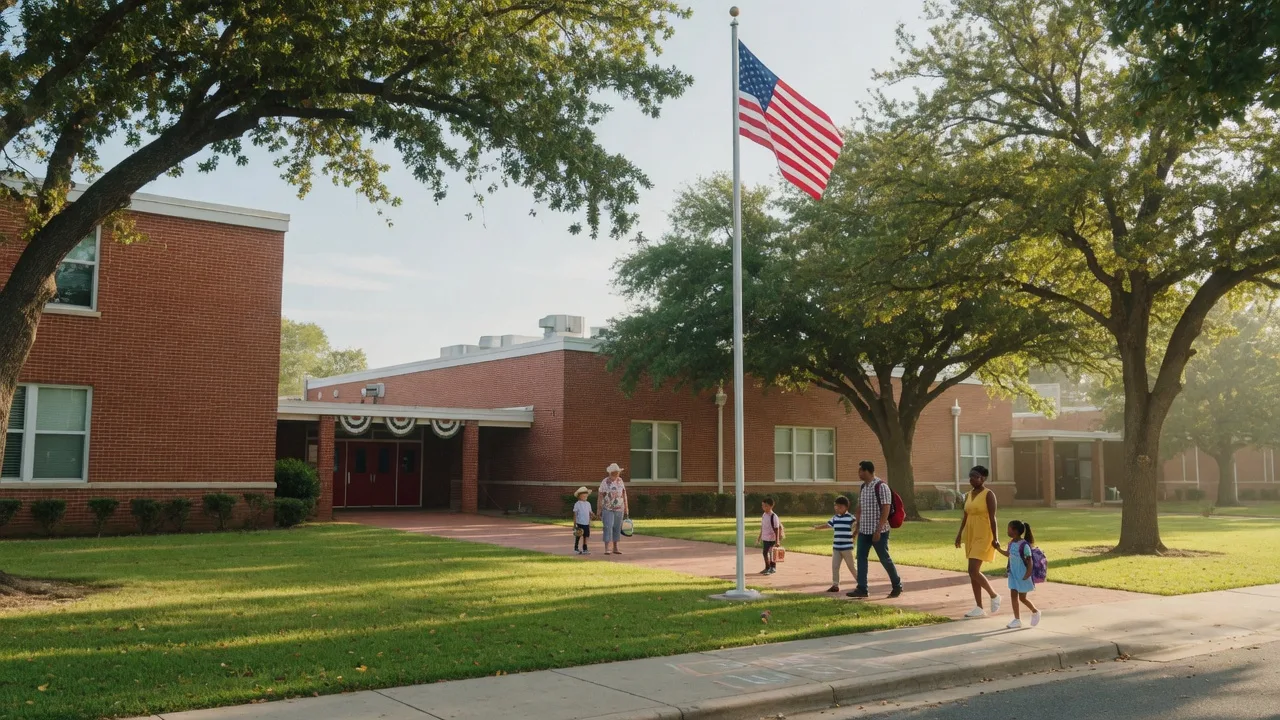 A warm late-summer morning at a small-town Texas elementary school campus with red brick buildings, a flagpole, and families walking children toward the entrance