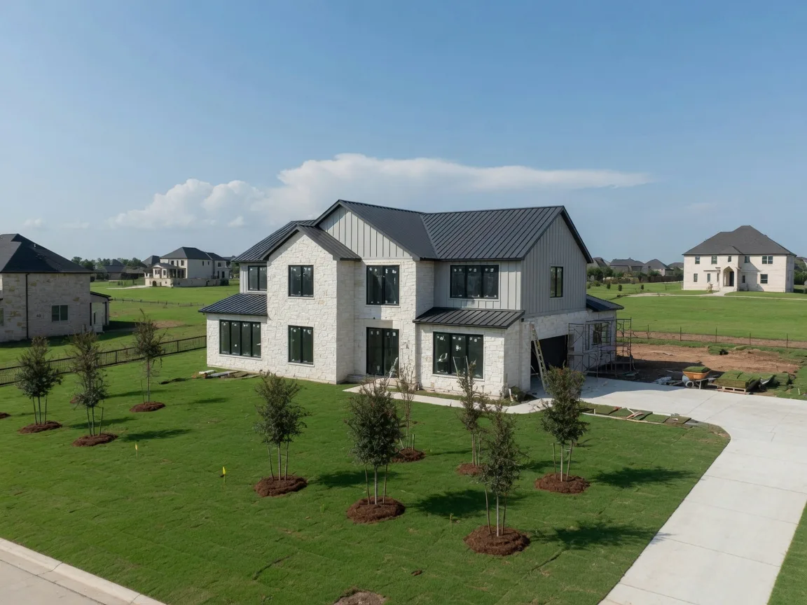 Representative photo of a spacious one-acre homesite in a new North Texas luxury community with a nearly completed limestone and metal-roof home