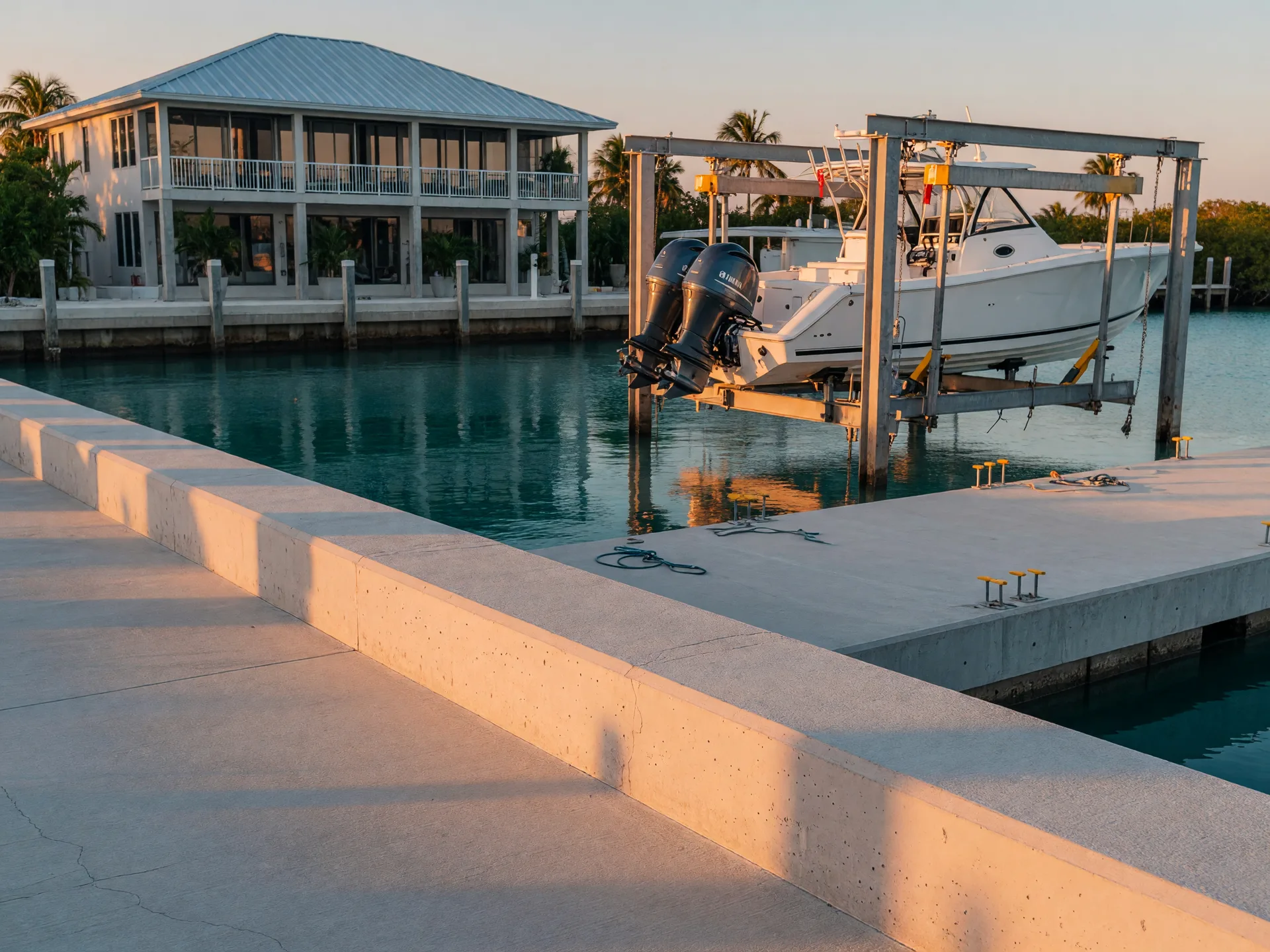 A pristine concrete seawall and dock edge in the Florida Keys at golden hour, the seawall cap and a clean concrete dock in sharp foreground detail with a heavy-duty boat lift holding a sportfishing yacht, calm turquoise canal water, and a luxury elevated waterfront home with a metal roof and impact glass softly blurred behind
