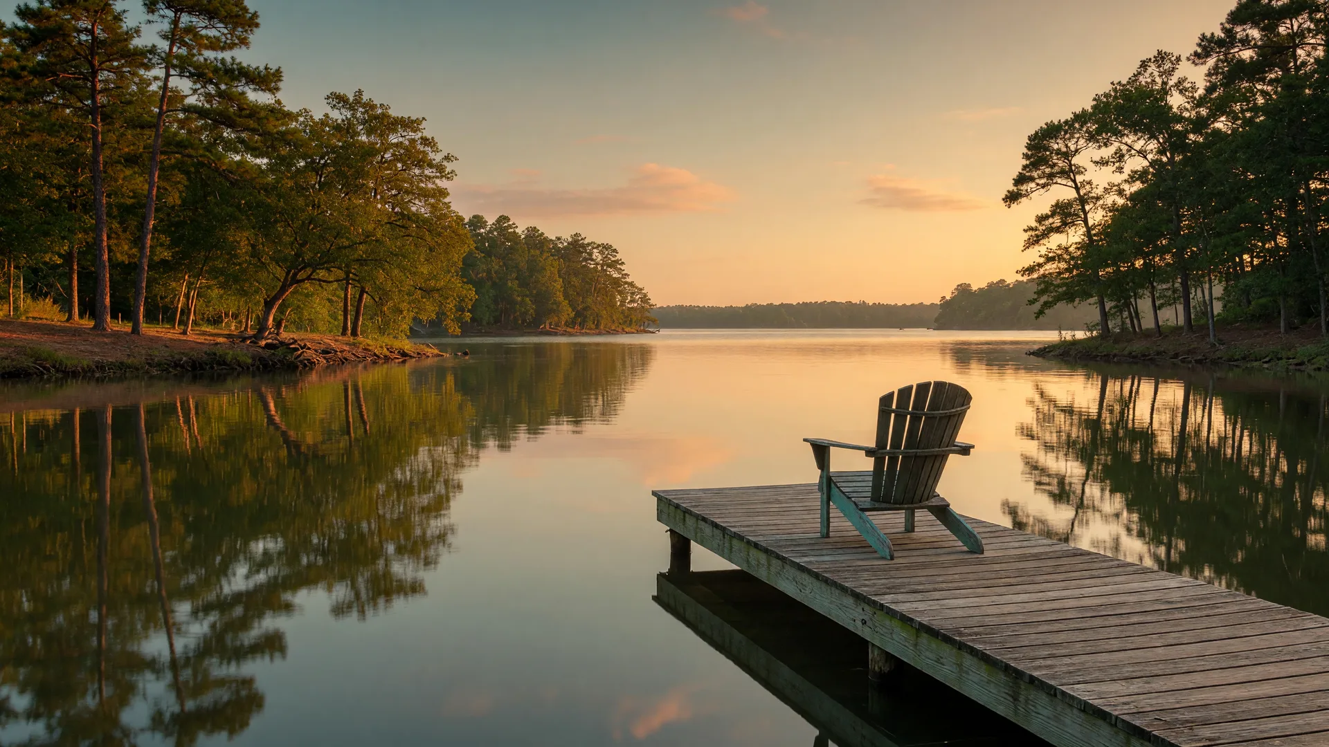 Calm Lake Murray cove at golden hour with a wooden dock and an empty chair at the end