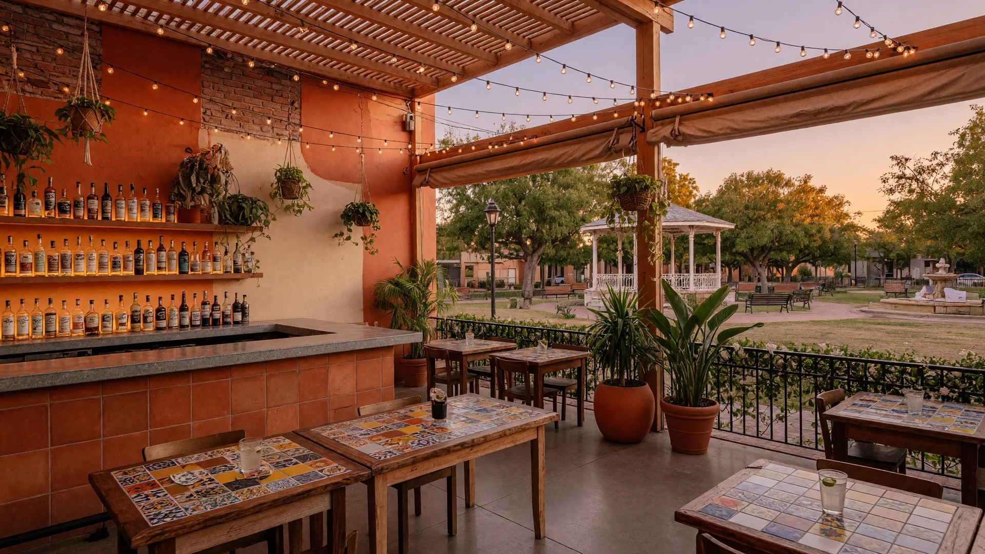 Covered patio at Tequila Mama Taqueria in Suwanee Georgia with string lights, rustic wood tables, and a backlit agave bar overlooking the Town Center park at golden hour