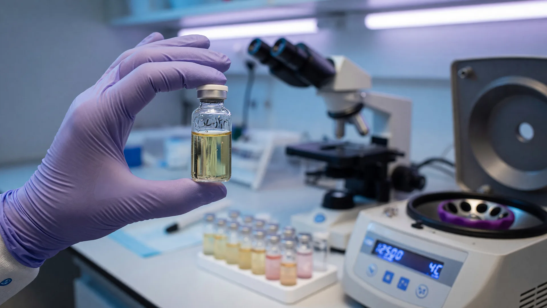 A gloved hand holding a small glass vial of pale-gold exosome solution beside a laboratory centrifuge under cool blue lighting