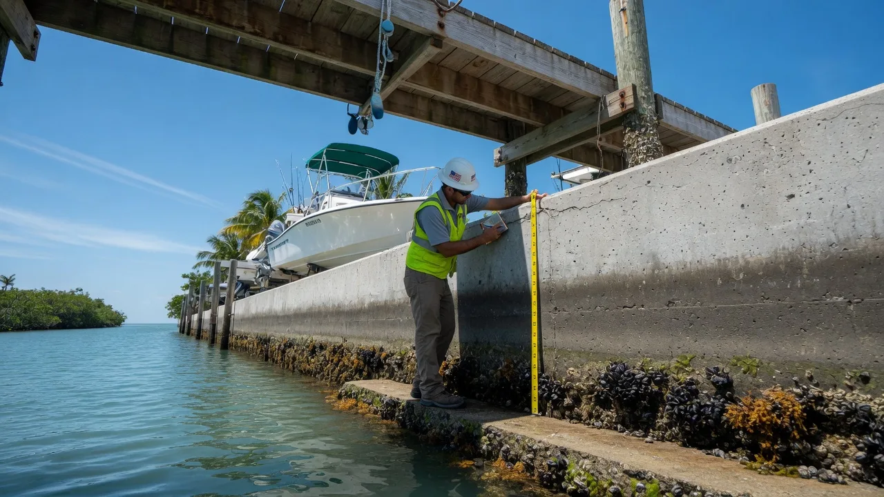 Licensed contractor inspecting a concrete seawall with measuring tape in a Florida Keys canal, wooden dock overhead with a boat moored in the background, clear blue sky