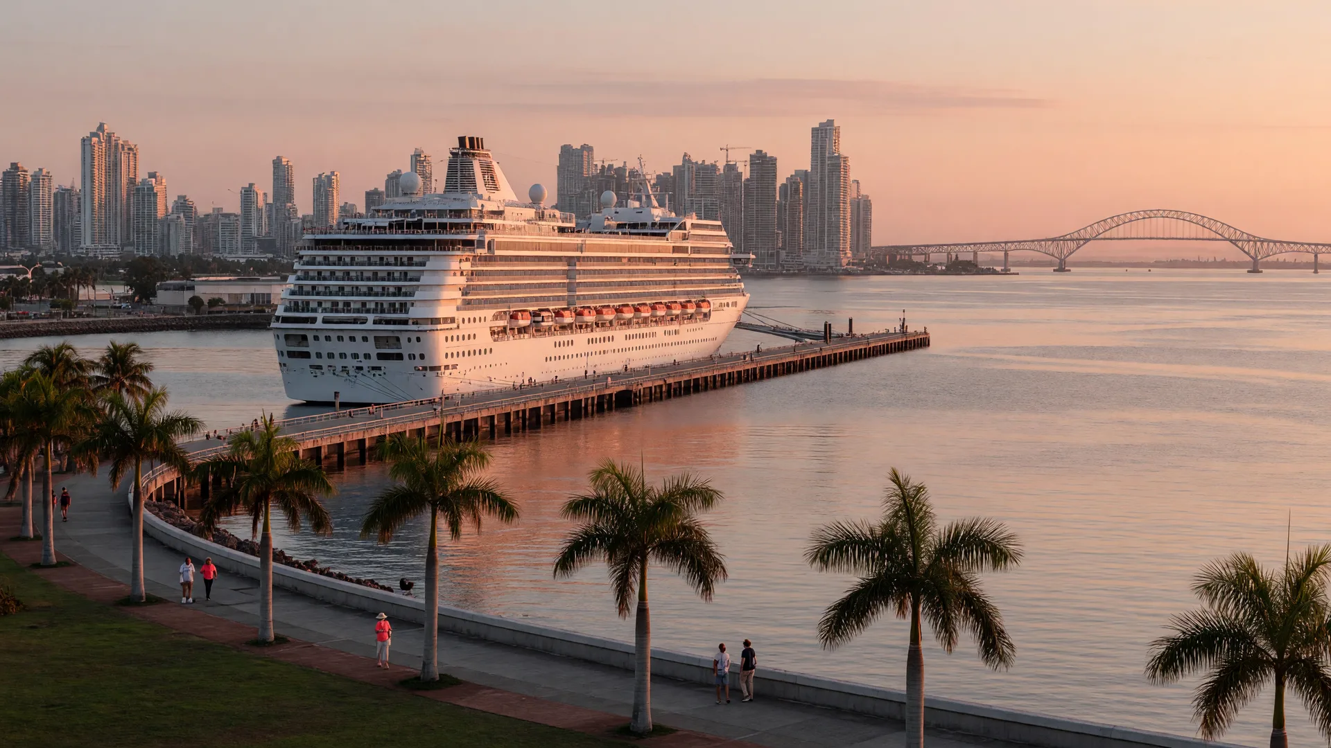 A large cruise ship docked at the Amador cruise port in Panama City at golden hour, with the city skyline and the Bridge of the Americas in the distance