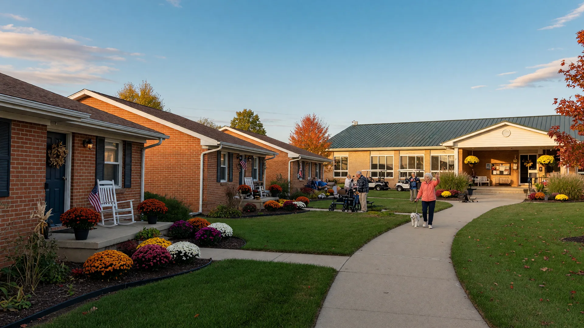 A bright photograph of a welcoming active adult community in Northwest Indiana with single-story brick ranch homes, autumn mums on the porches, and a paved walking path through landscaped lawns