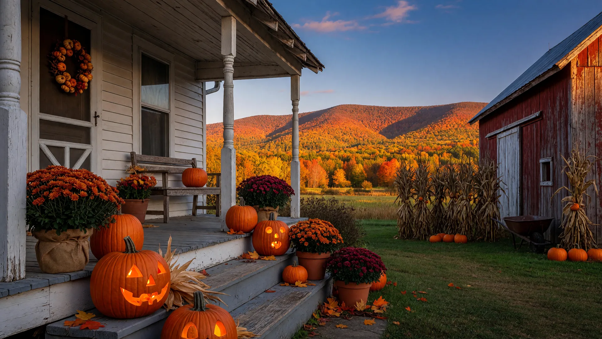 A crisp mid-October golden-hour view of a rural Lehigh County farmhouse porch with carved pumpkins and potted mums, a weathered red barn and drying corn stalks in the side yard, and the Blue Mountain ridge at peak fall color on the horizon