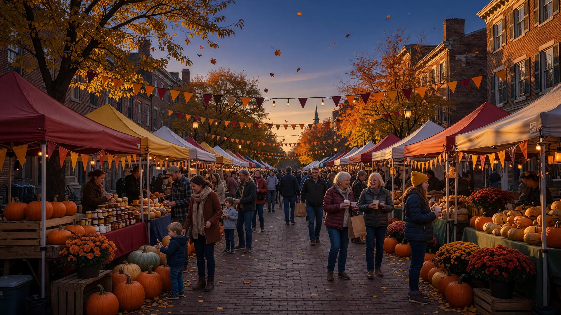 October street festival in Greater Philadelphia with market tents, string lights, pumpkins and fall foliage