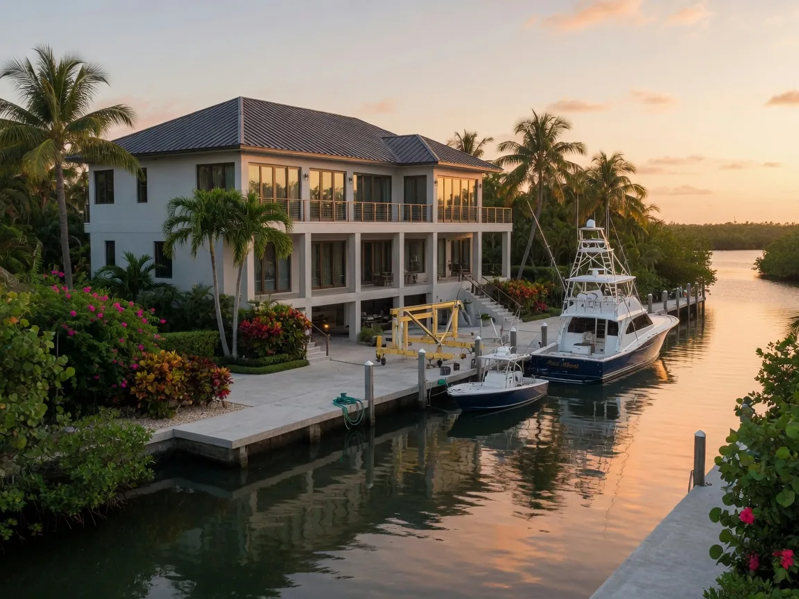 A trophy deep-water canal estate in the Upper Florida Keys at late afternoon, a grand two-story luxury home elevated on concrete pilings with impact glass and a metal roof, a wide concrete dock with a sportfishing yacht and boat lift, tropical landscaping reflecting warm golden light