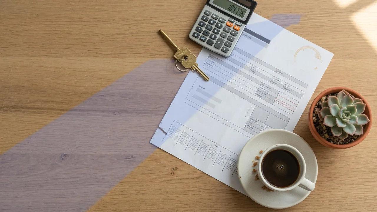 Overhead flat lay of a desk with calculator, property tax bill, brass house key, and coffee cup