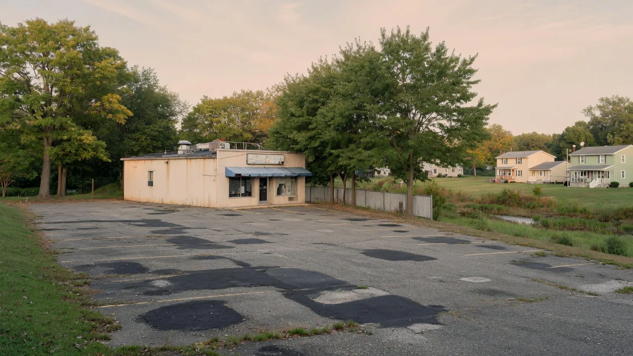 A low one-story commercial storefront and paved lot off Locust Avenue in Bloomfield NJ near Watsessing Park, with mature trees and residential homes in the distance