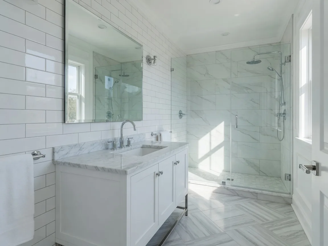 Modern bathroom with marble vanity and glass shower