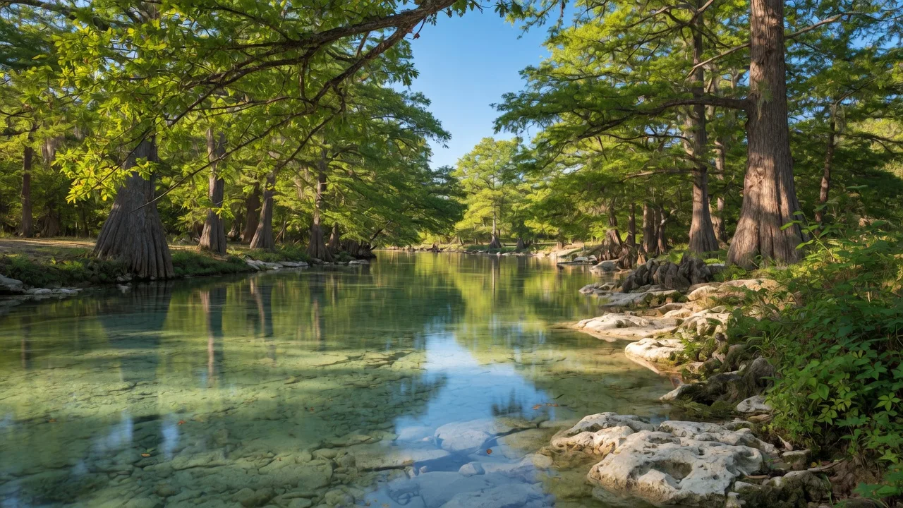 Crystal-clear Blanco River winding through cypress-lined banks under a bright blue sky