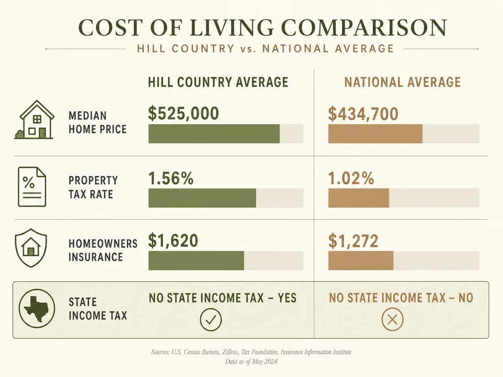 Infographic comparing Hill Country cost of living to national averages for military families