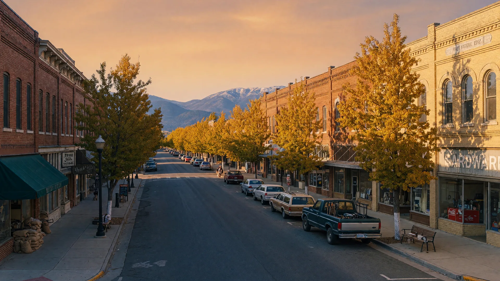 Charming small-town Main Street in Middleton Idaho at golden hour