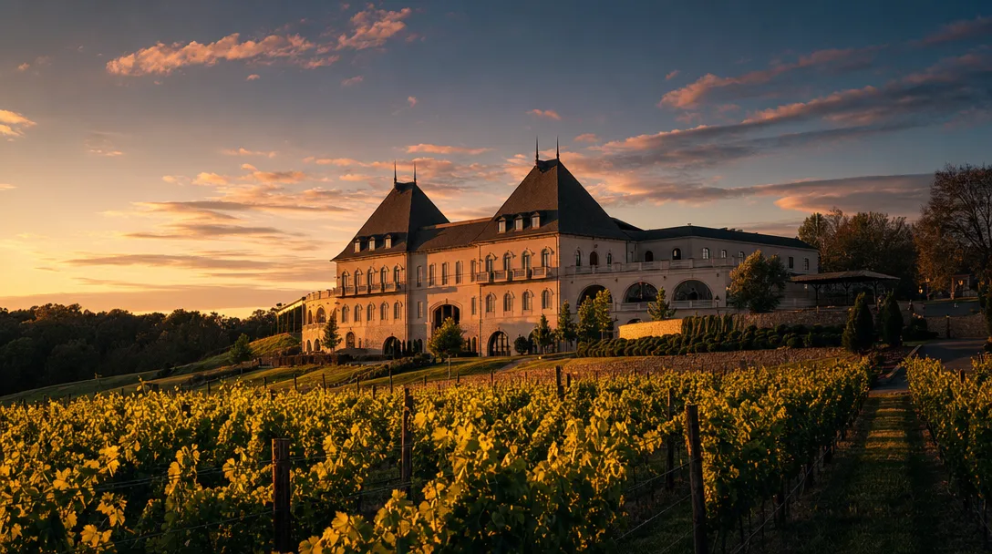 Chateau Elan winery at golden hour with vineyard rows in foreground, Braselton Georgia