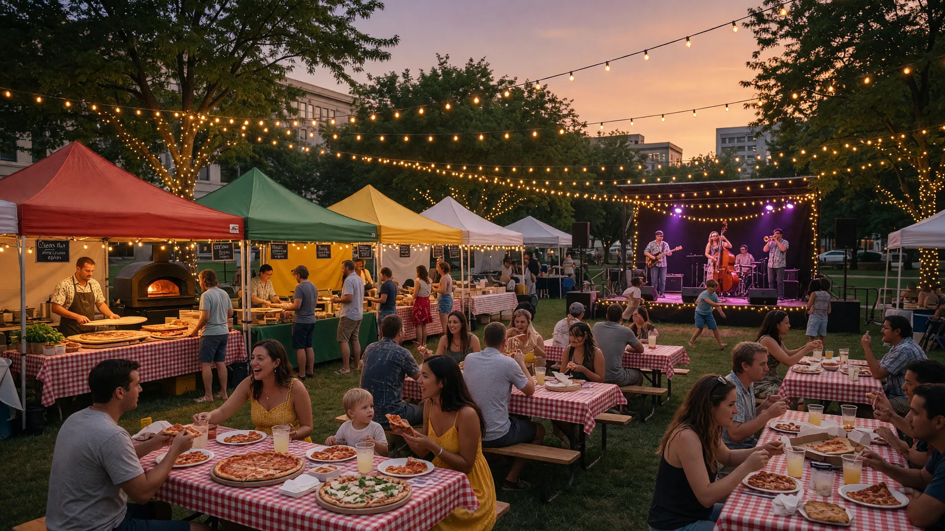 Outdoor pizza festival at a downtown park with vendor tents, picnic tables, string lights, and families enjoying food and live music on a summer evening