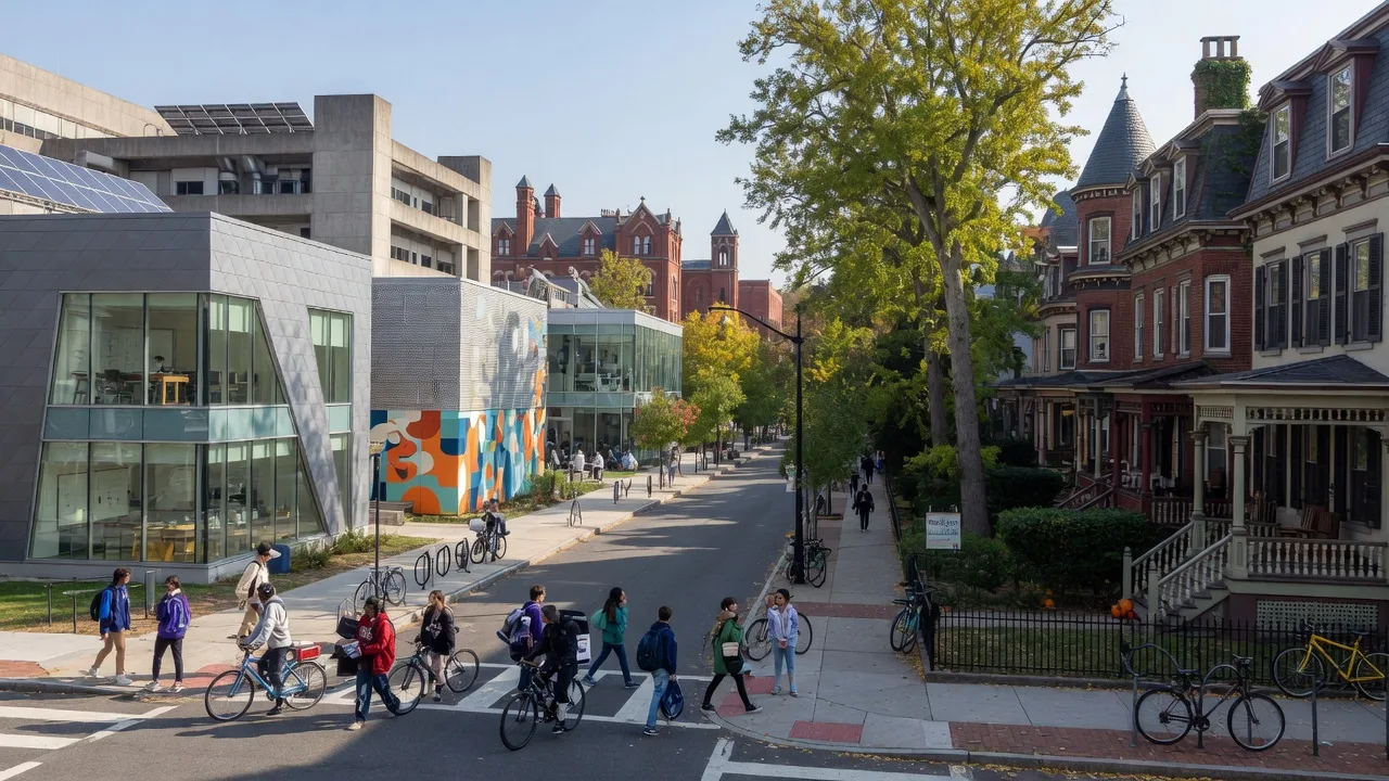 University City Philadelphia with modern buildings, historic homes, and student life