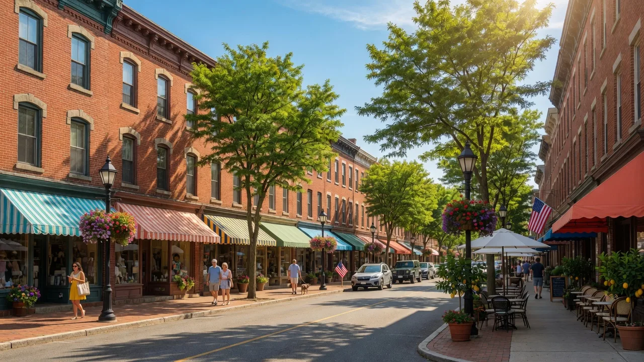 Historic downtown Bordentown NJ with 19th century brick buildings along Farnsworth Avenue on a sunny summer afternoon