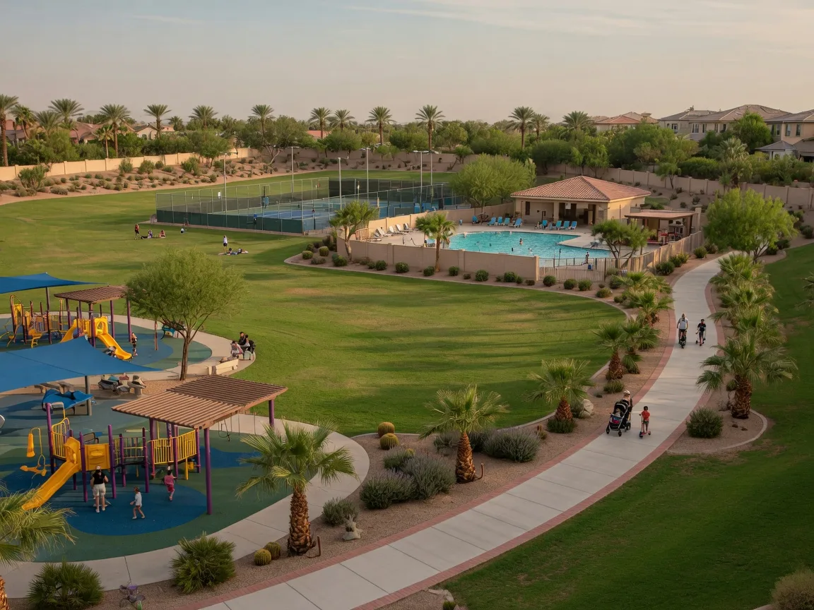 Large neighborhood park lawn with playground in a Summerlin Las Vegas community