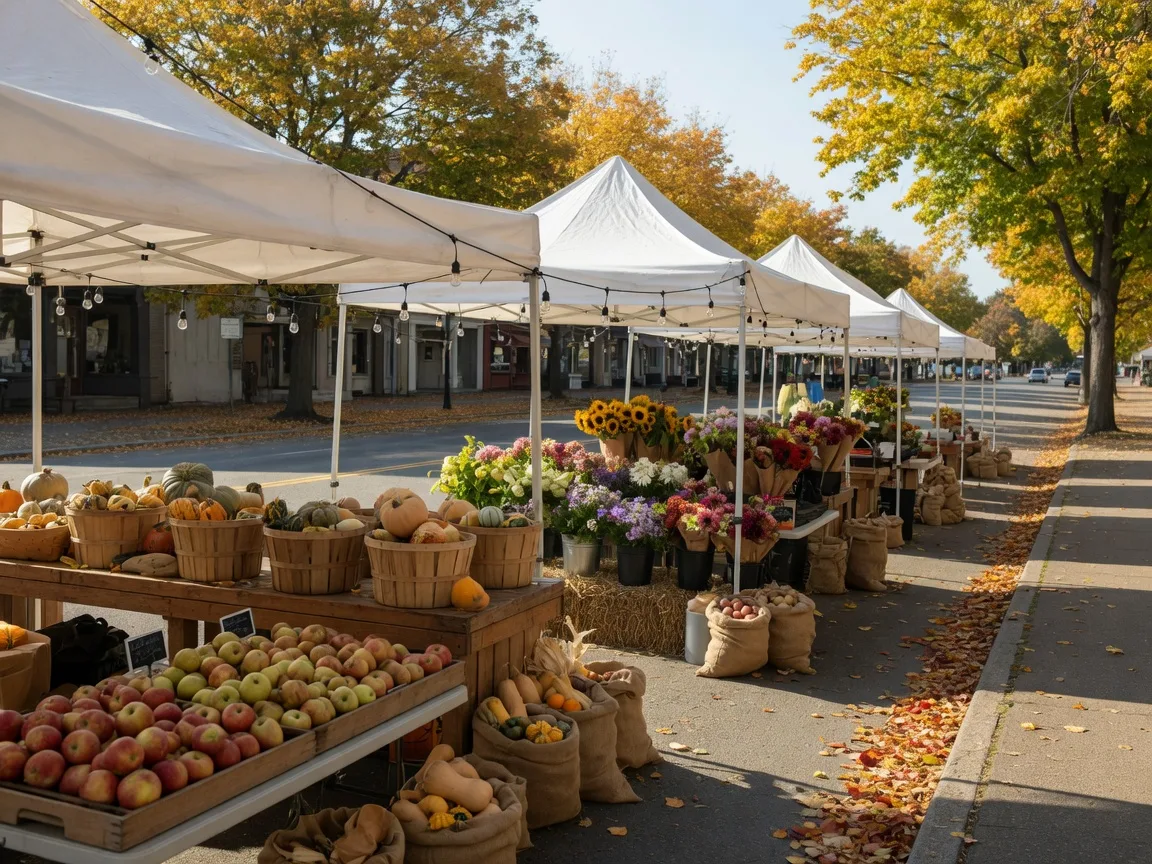 Early fall farmers market with wooden stalls of pumpkins, apples, and seasonal produce under white canopies
