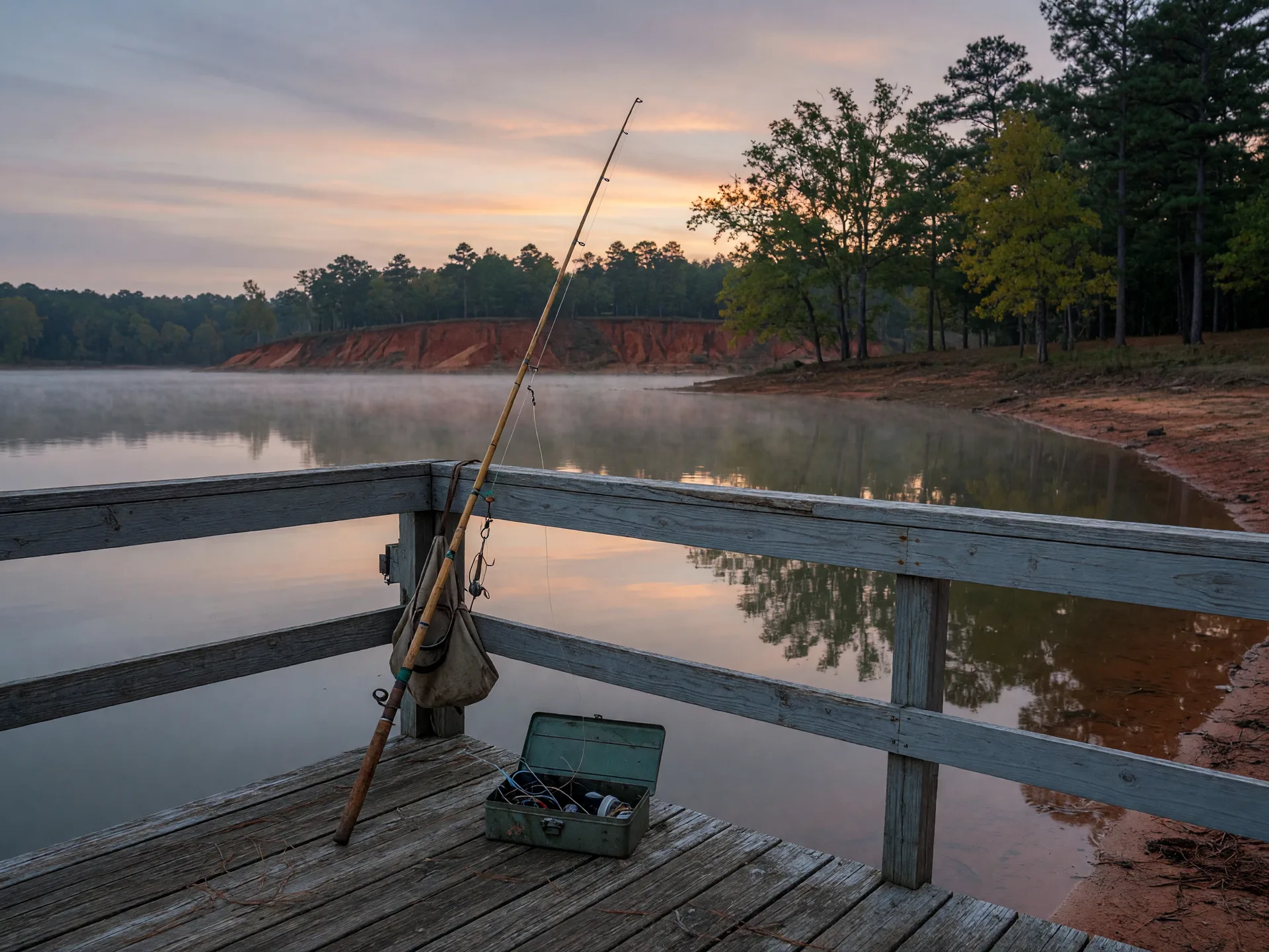 An old cane fishing pole and simple tackle resting against the rail of a weathered wooden dock on a calm lake at pre-dawn, mist over the water and trees on the far bank