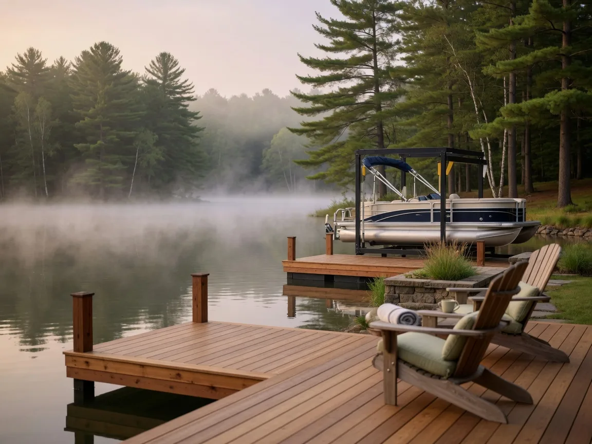 Luxury lakefront dock with Adirondack chairs at sunrise