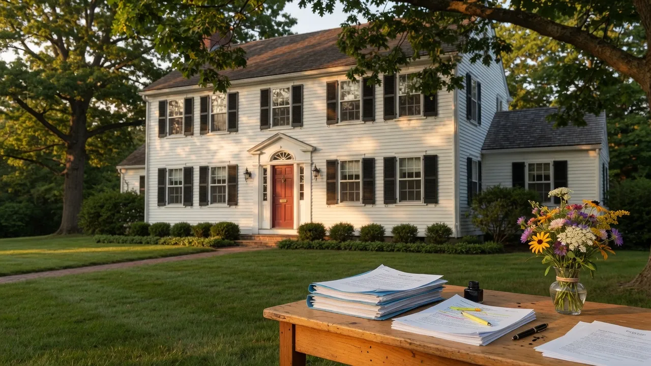 A classic Connecticut colonial home with a manicured lawn and estate documents on a table in the foreground
