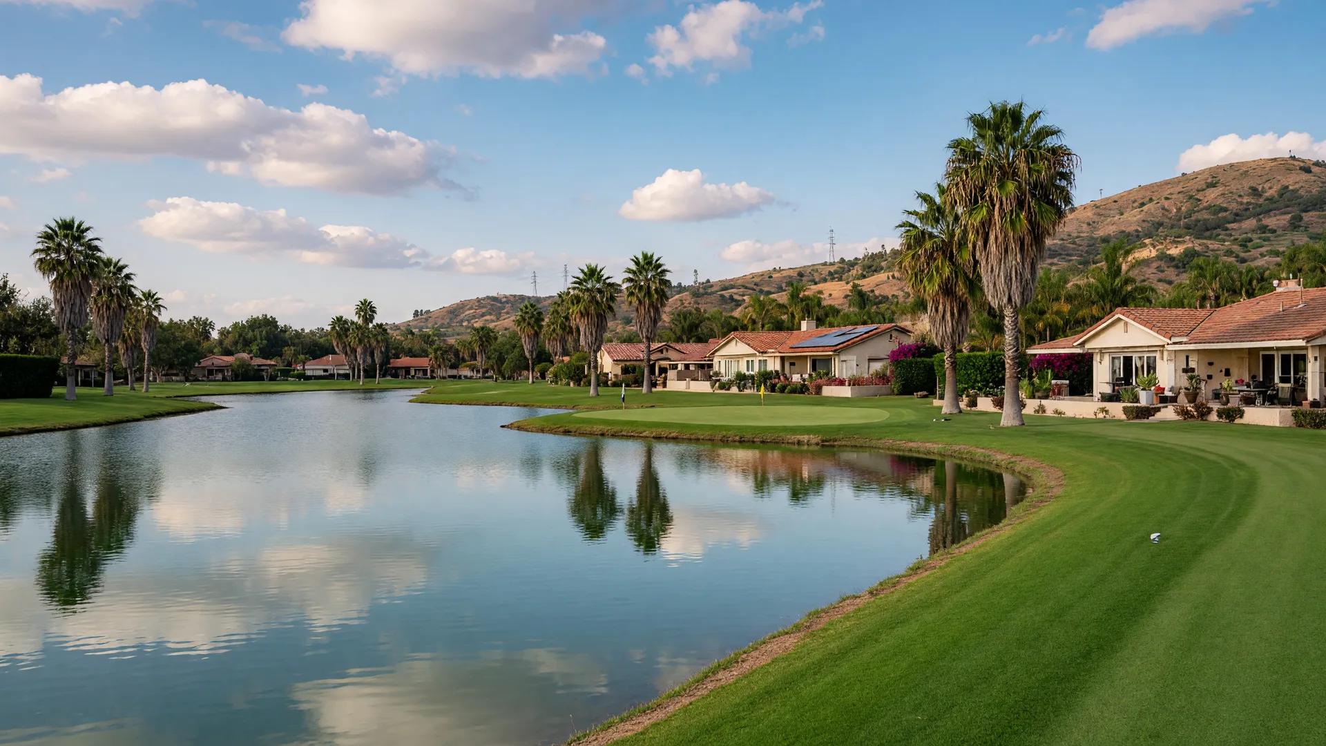 A calm man-made lake with a manicured golf course fairway along the shoreline and homes with tile roofs in the Menifee Lakes community