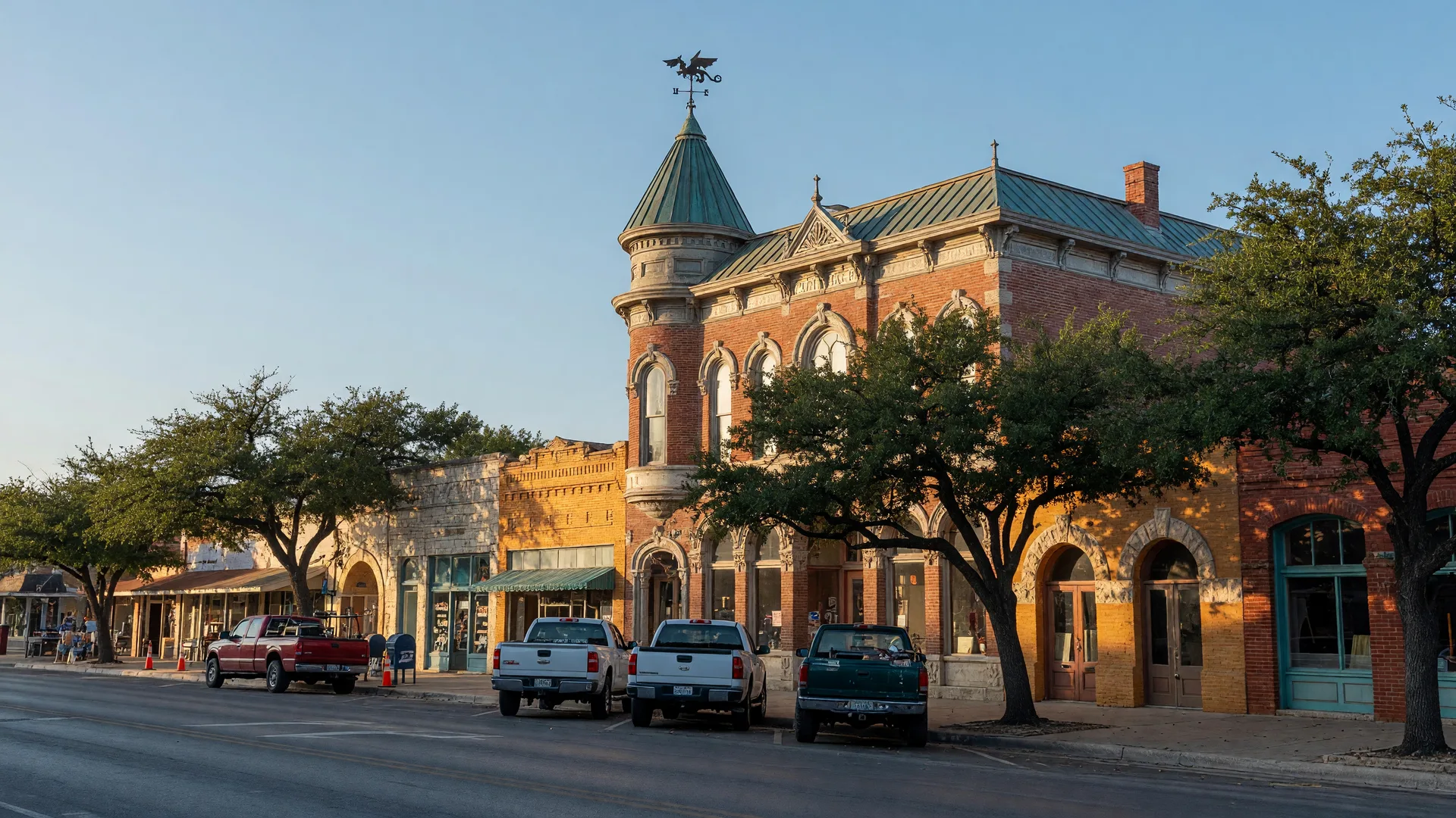 Historic downtown Uvalde, Texas with the Victorian Grand Opera House, its copper roof and corner turret, live oaks, and trucks along Main Street on a bright afternoon