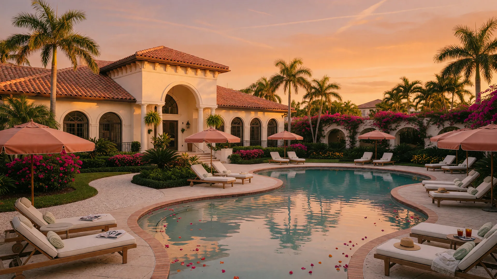 Resort-style clubhouse pool at a Florida 55-plus active adult community with Mediterranean architecture and tropical landscaping at golden hour