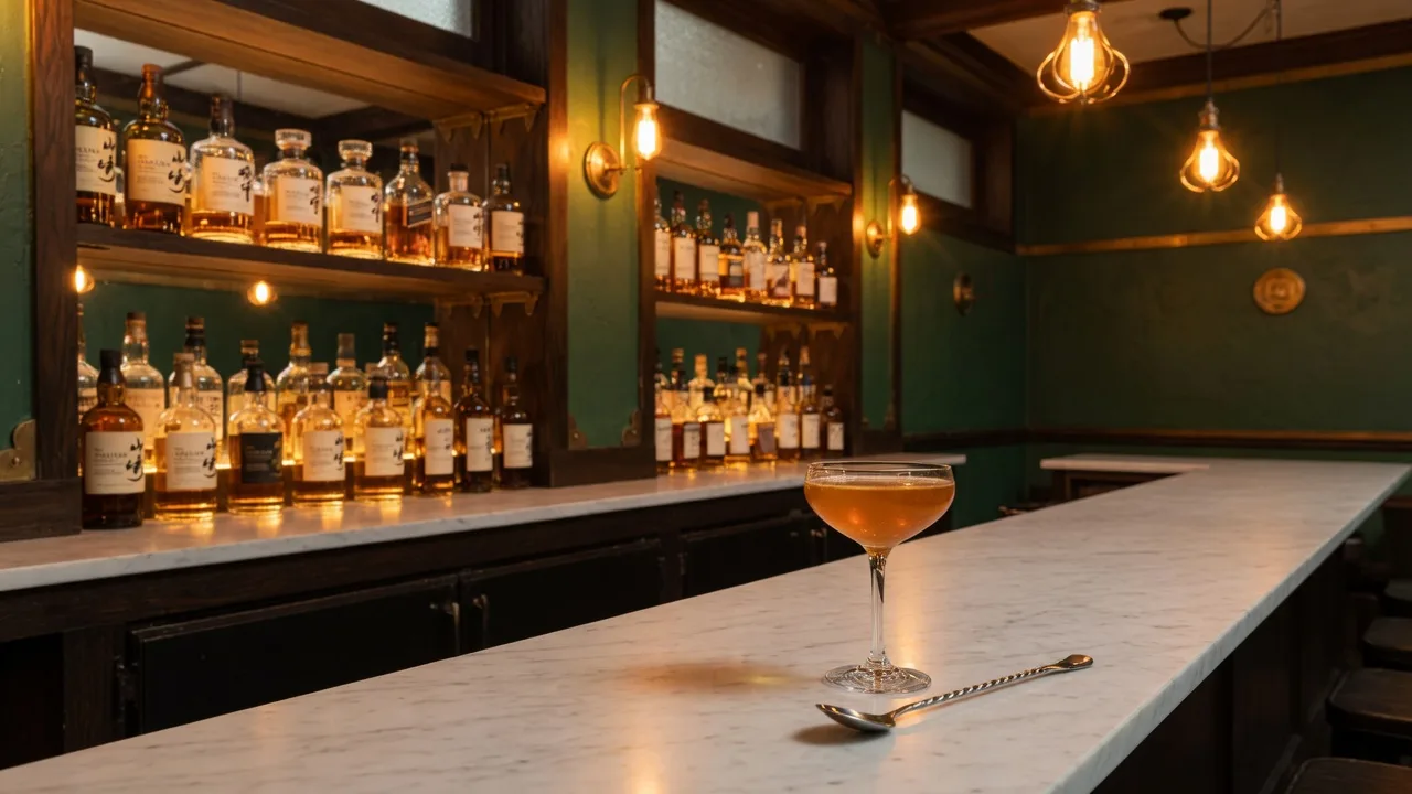 A craft cocktail bar in a converted schoolhouse with amber bottle shelves, a marble bar top, and warm Edison bulbs
